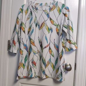 White Leaf-Print Tunic with Multicolor Watercolor Leaves Artsy Dressy